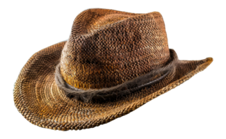 Woven straw cowboy hat with leather band, cut out - stock .. png