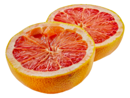 Two slices of grapefruit are shown, one of which is cut in half - stock . png