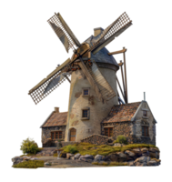 Traditional windmill with stone base, cut out - stock .. png