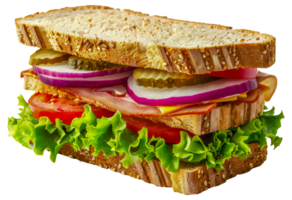 A sandwich with lettuce, tomato, and pickles - stock .. png