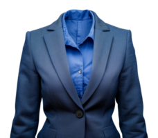 A woman's blue blazer and shirt are shown in a close up - stock .. png