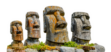 Multiple Moai statues on a grassy field, cut out - stock .. png