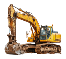 Yellow excavator on work site with dirt and mud, cut out - stock .. png