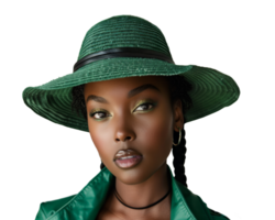 Woman in vibrant green hat and jacket fashion, cut out - stock .. png