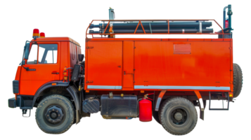 An orange fire truck with a red gas can on the back - stock .. png