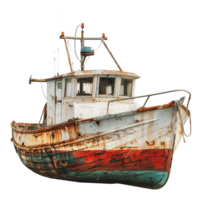 Old fishing boat with weathered paint and rustic look, cut out - stock .. png