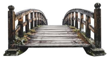 Rustic wooden bridge with arch design over a creek, cut out - stock .. png