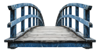 Weathered blue wooden bridge with arched structure, cut out - stock .. png