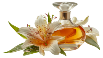 A bottle of perfume is placed on top of a bunch of flowers - stock .. png