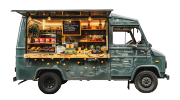 Fully equipped food truck at night with open service window, cut out - stock .. png