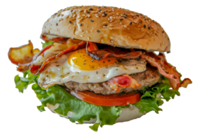 A hamburger with bacon, egg, and lettuce - stock .. png