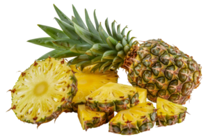 A pineapple is cut into slices and placed - stock .. png