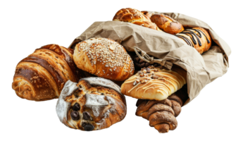 Variety of freshly baked goods displayed in a basket, cut out - stock .. png