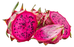 A close up of a red dragon fruit with black seeds - stock .. png