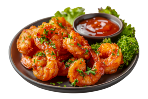 Spicy marinated shrimp served with greens and dipping sauce, cut out - stock .. png