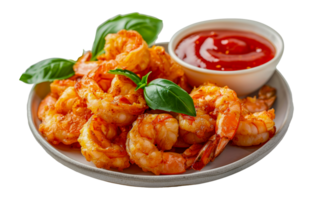 Spicy marinated shrimp served with greens and dipping sauce, cut out - stock .. png