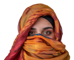 A woman wearing a scarf with a red and orange pattern - stock .. png