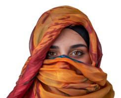 une femme portant une écharpe avec une rouge et Orange modèle - Stock .. png