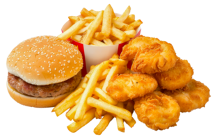 A burger, fries, and fish sticks are served in a box - stock .. png