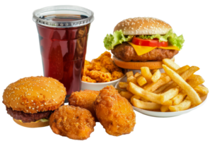 A plate of food and a drink with a burger and fries - stock .. png