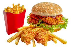 A red box of fries sits next to a hamburger and a salad - stock .. png