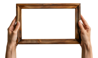 A person is holding a wooden frame - stock .. png