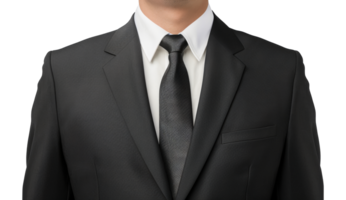 A man wearing a black suit and a white shirt with a black tie - stock .. png