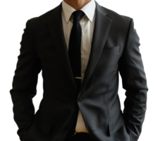 A man in a suit and tie is standing with his hands on his hips - stock .. png