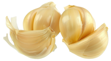 Two peeled garlic cloves are shown, one of which is cut in half - stock .. png
