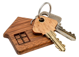 A wooden key with a house on it sits on top of a silver key - stock .. png