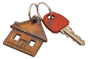 A key and a house keychain are shown together - stock .. png