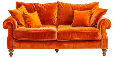 A large orange couch with pillows on it - stock .. png