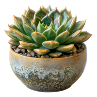 Green succulent with red tips in rustic ceramic pot on transparent background - stock . png