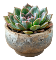 Green succulent with red tips in rustic ceramic pot on transparent background - stock . png