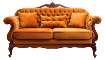 A large orange couch with pillows on it - stock .. png