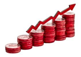 Red coin stacks with upward growth arrow, cut out - stock .. png
