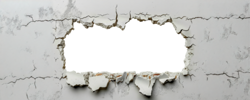 Damaged white wall with large cracks, cut out - stock .. png