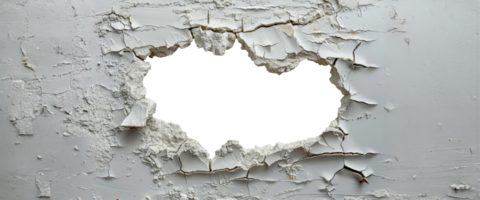 Damaged white wall with large cracks, cut out - stock .. png