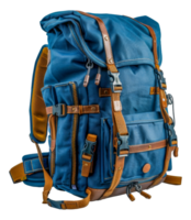 Blue vintage-style backpack with leather accents, cut out - stock . png