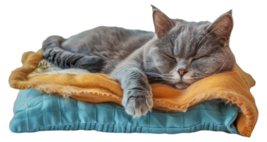 A cat is sleeping on a blue and yellow blanket - stock .. png