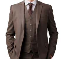A man in a brown suit and tie poses for a photo - stock .. png