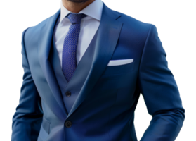 A man in a blue suit and tie is wearing a blue tie with a blue stripe - stock .. png