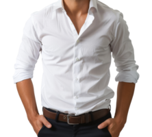 A man in a white shirt and brown belt is standing with his hands on his hips - stock .. png