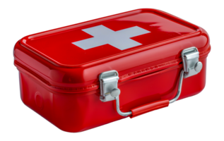 Red metal first aid kit, cut out - stock . png