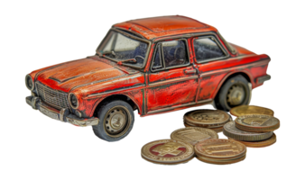 Classic red vintage toy car with coins, cut out - stock . png