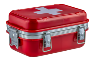 Red metal first aid kit, cut out - stock . png