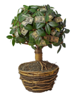 Money tree plant with dollar bills in woven basket, cut out - stock .. png