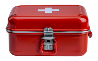 Red metal first aid kit, cut out - stock . png