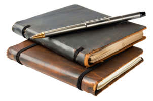 Two leather bound notebooks with a pen on top of them - stock .. png