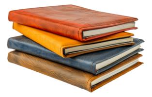 A stack of leather bound books with a tan book on top - stock .. png